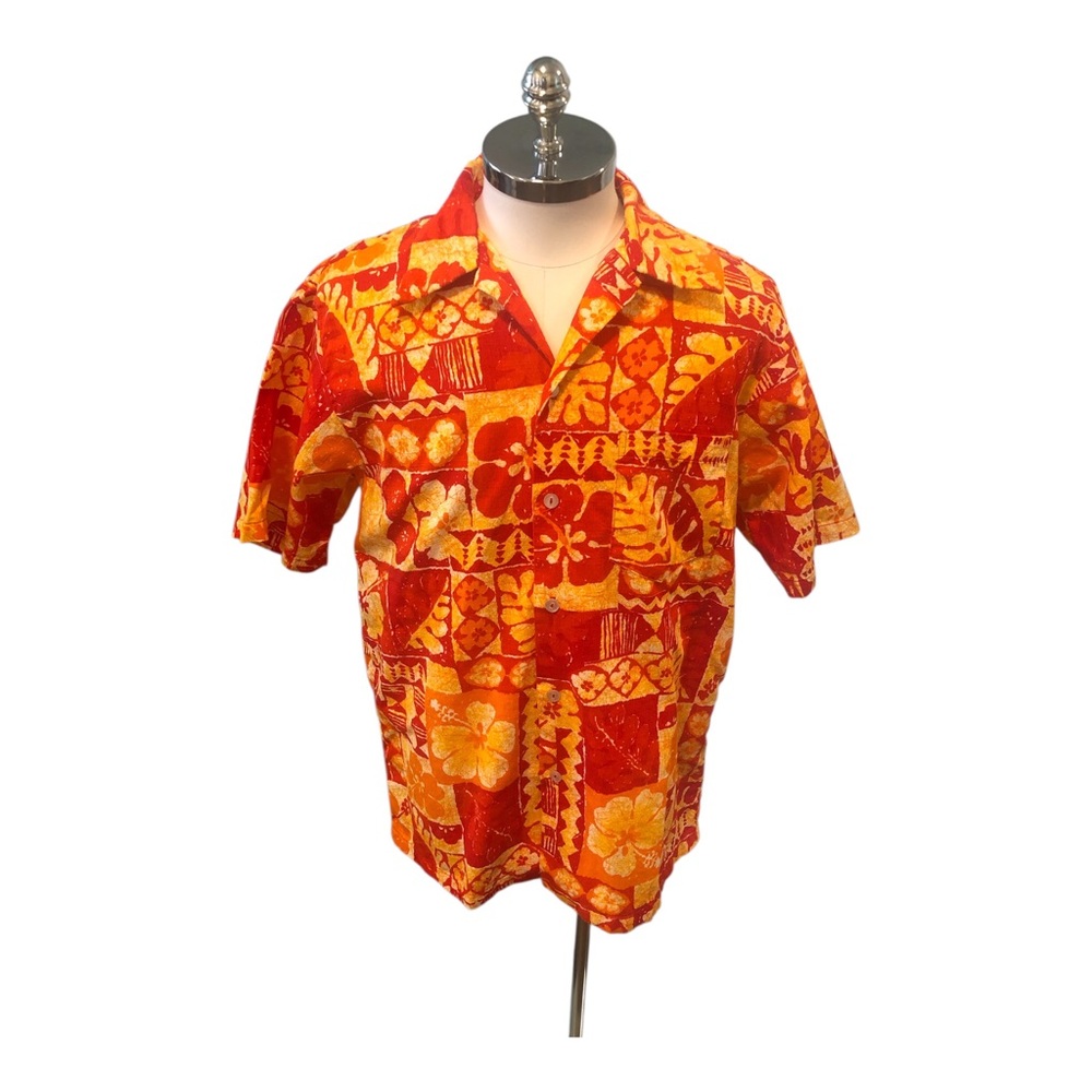 Vintage Hukilau Fashions Men's L Barkcloth Hawaiian Tapa Tribal Print Orange